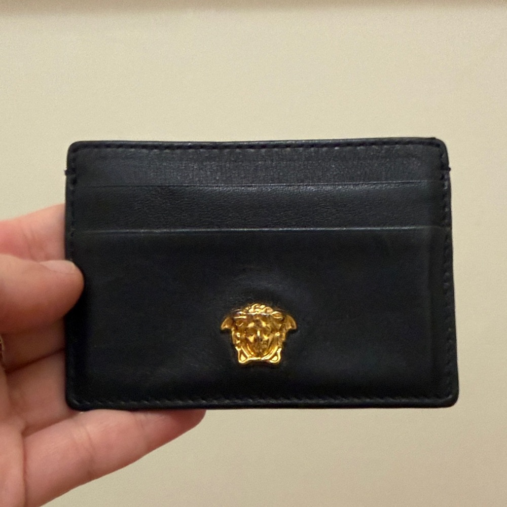Versace Black Leather Card Sleeve with Gold Medusa Crest